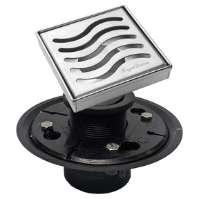 SereneDrains Square Shower Drain Kit with Base - Ocean Wave - Brushed Nickel - 4 Inch ABS Plastic