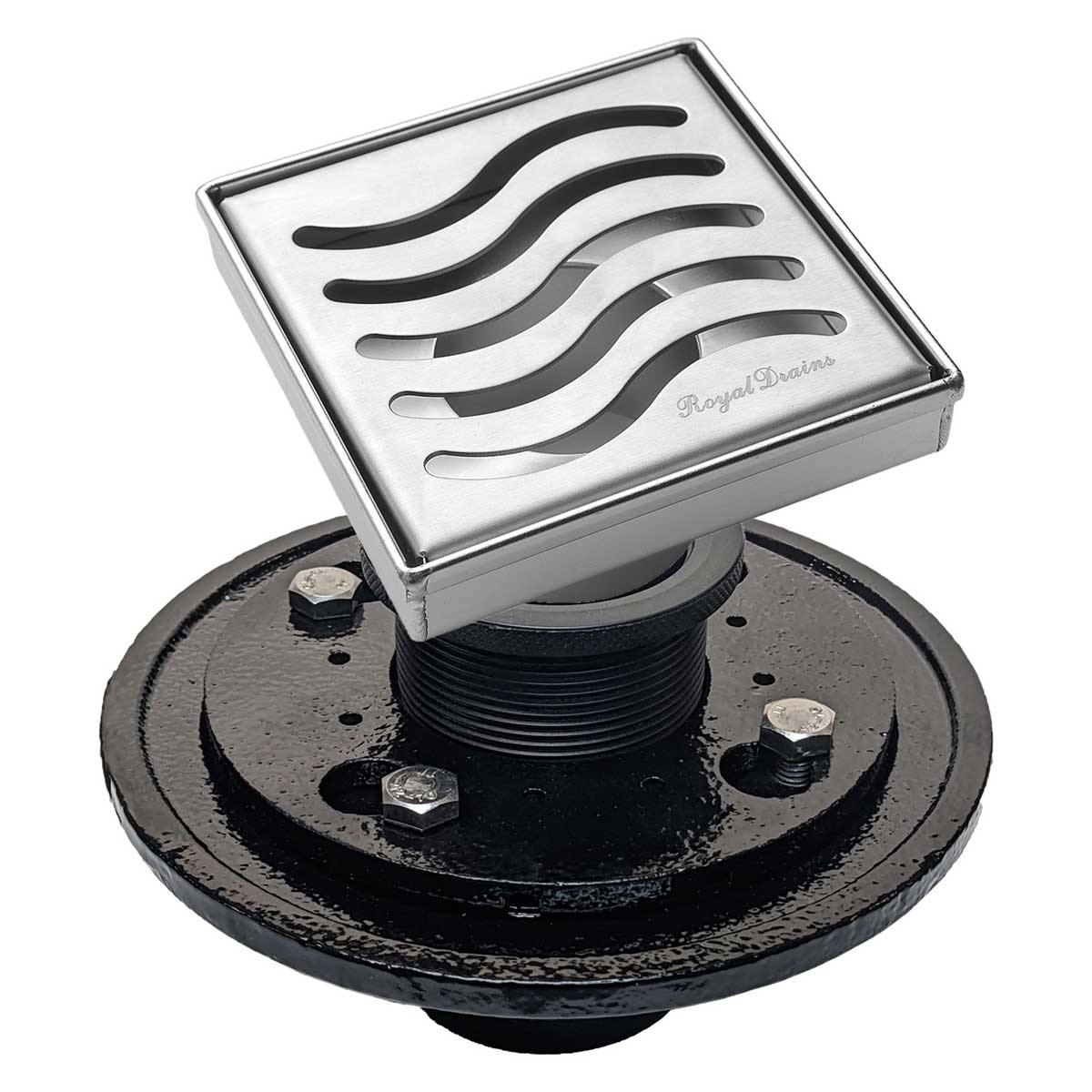 SereneDrains Square Shower Drain Kit with Base - Ocean Wave - Polished Chrome - 4 Inch