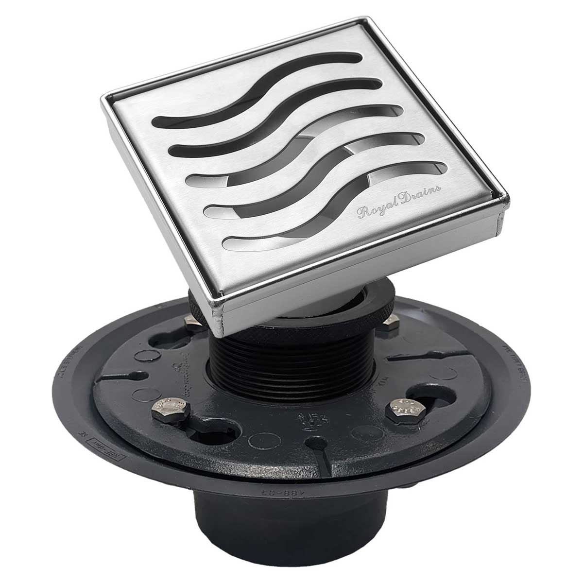 SereneDrains Square Shower Drain Kit with Base - Ocean Wave - Polished Chrome - 4 Inch