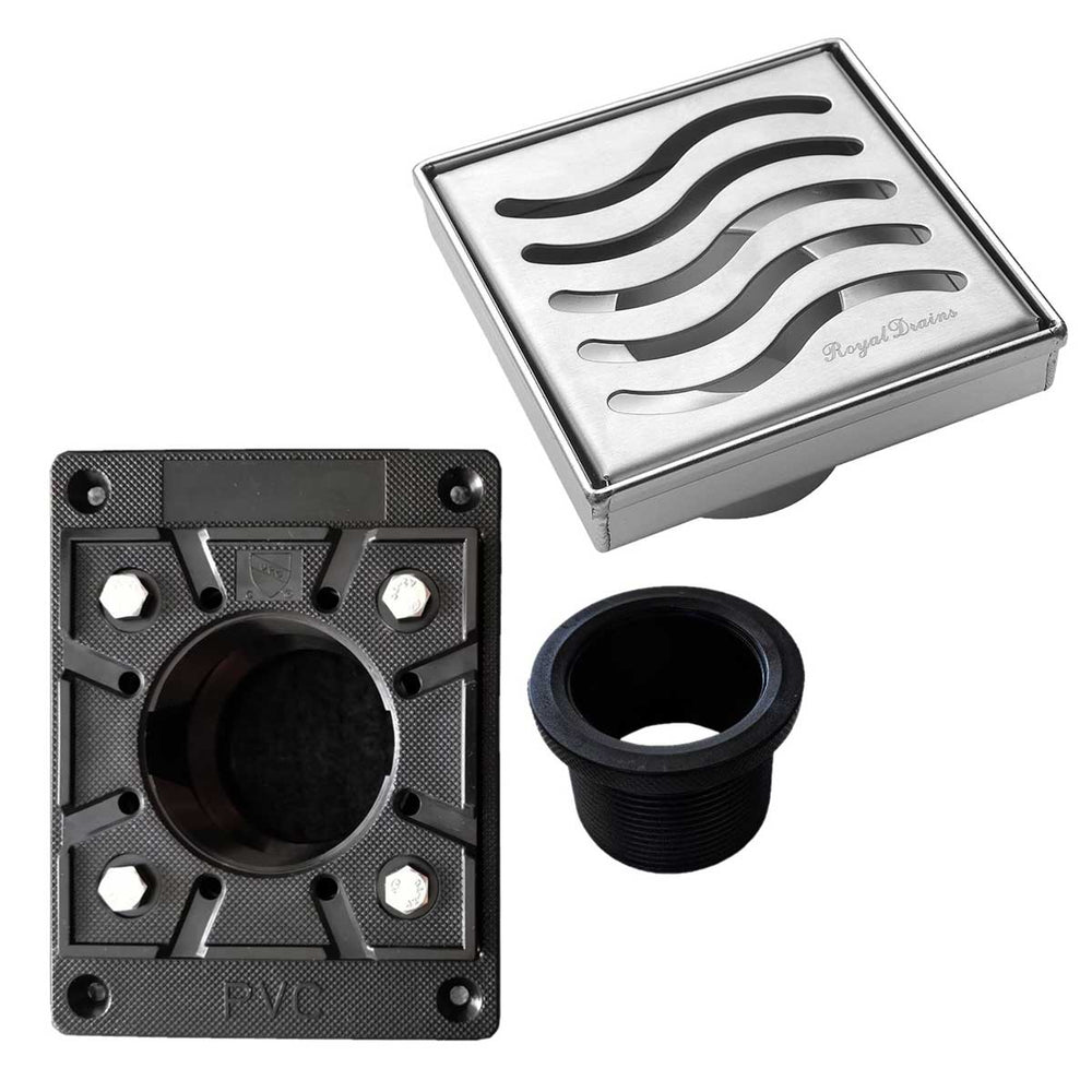 SereneDrains Square Shower Drain Kit with Base - Ocean Wave - Polished Chrome - 4 Inch