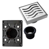SereneDrains Square Shower Drain Kit with Base - Ocean Wave - Polished Chrome - 4 Inch