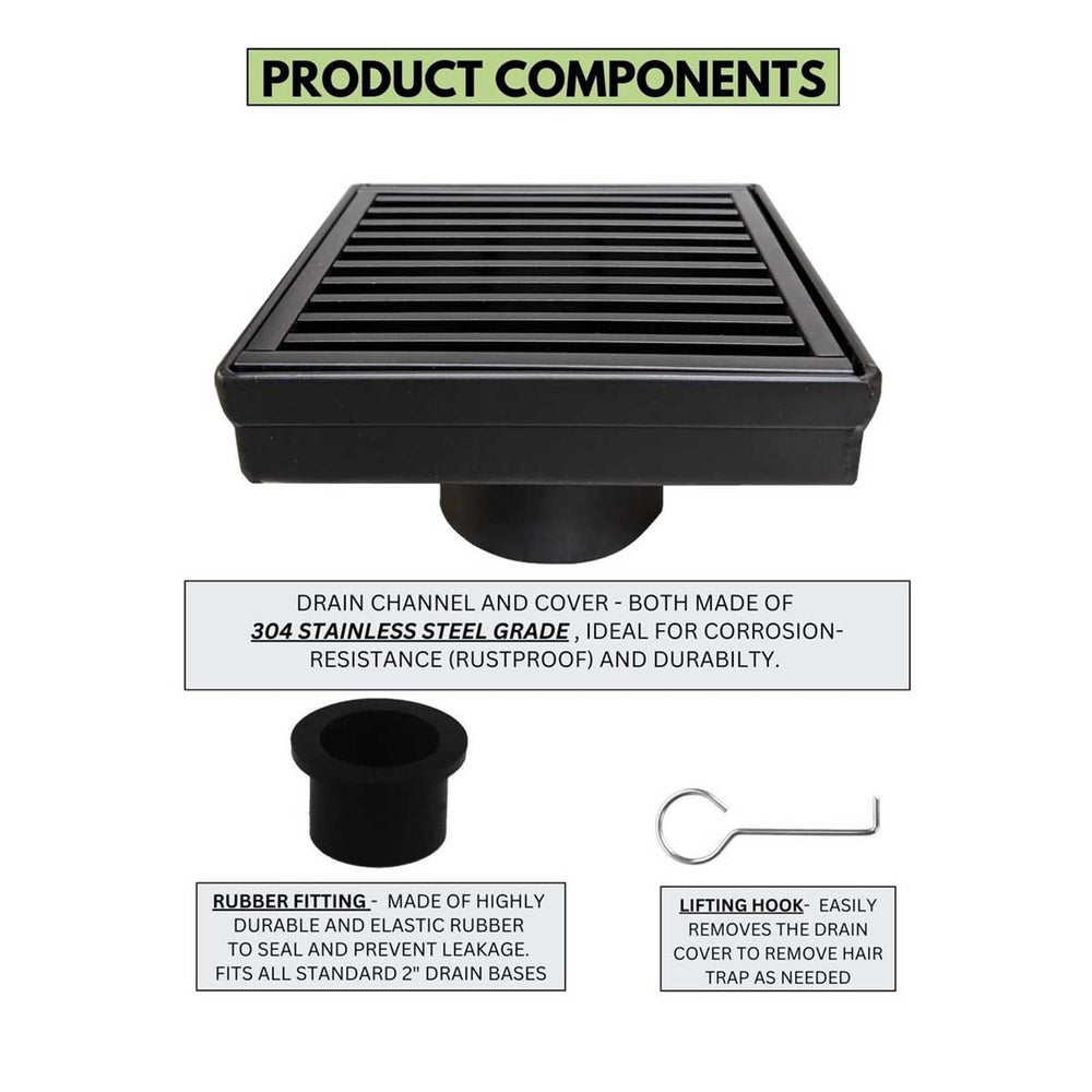 SereneDrains Square Shower Drain Linear Wedge 4 Matte Black