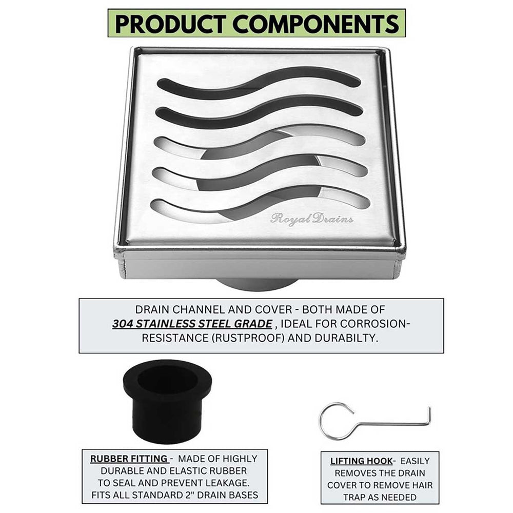 SereneDrains Square Shower Drain Ocean Wave 4 Polished