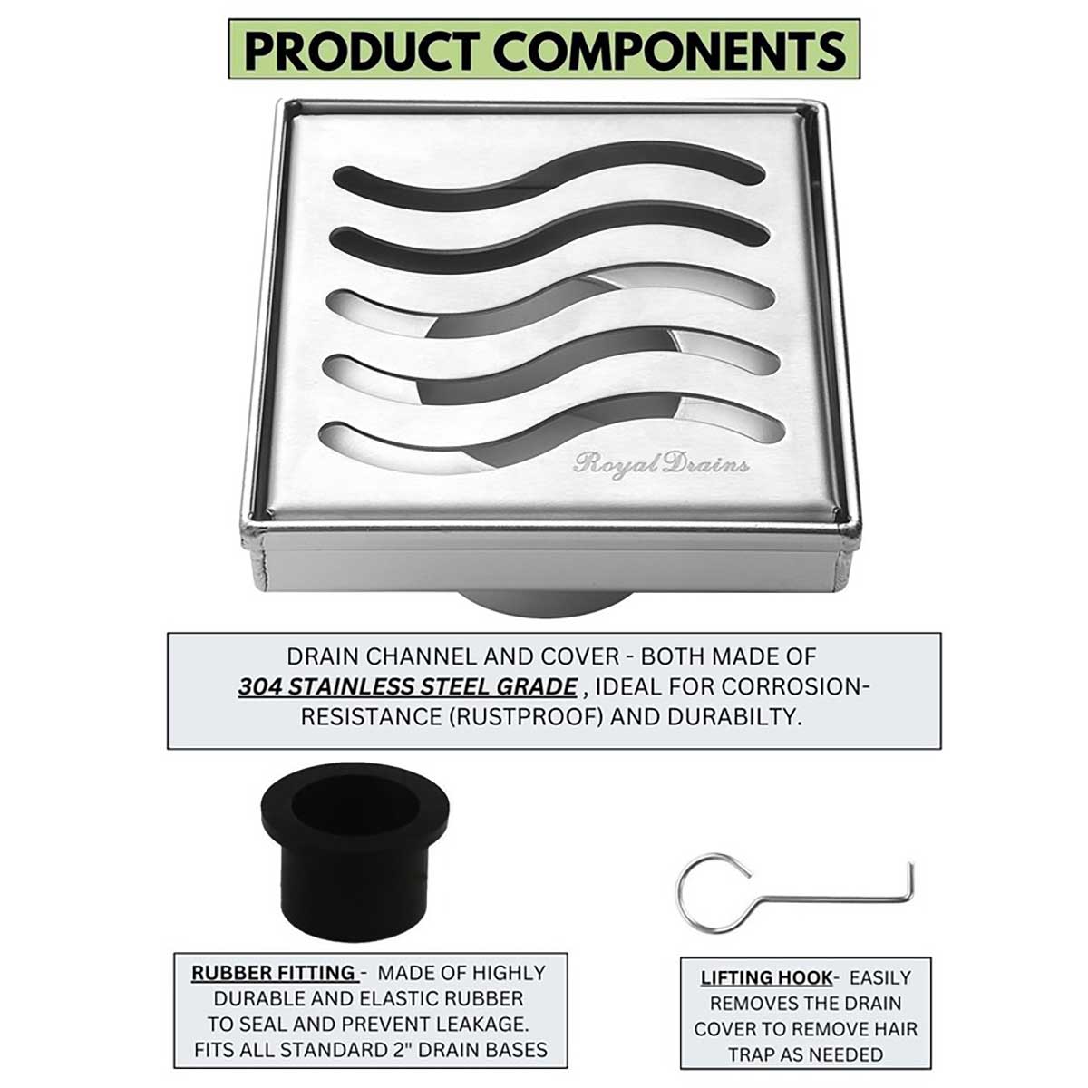 Serene Drains Product Component Ocean Wave 4 inch brushed nickel