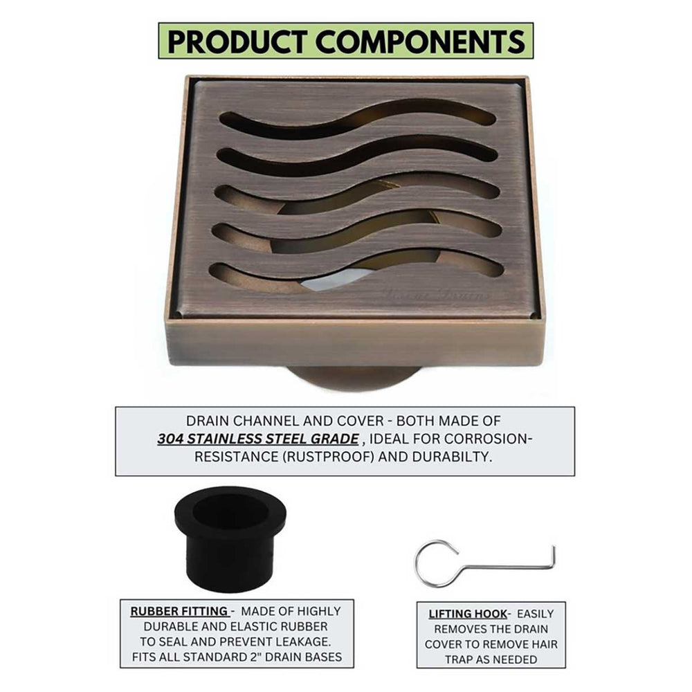SereneDrains Square Shower Drain Ocean Wave 4 Bronze
