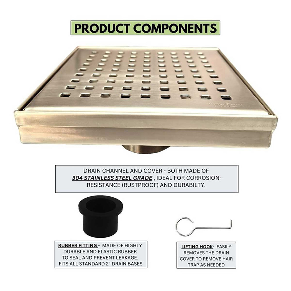 SereneDrains Square Shower Drain Traditional Square 6 Gold
