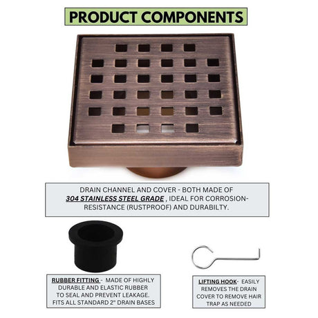 Product components of a drain channel and cover with stainless steel grade, rubber fitting, and lifting hook on a white background.