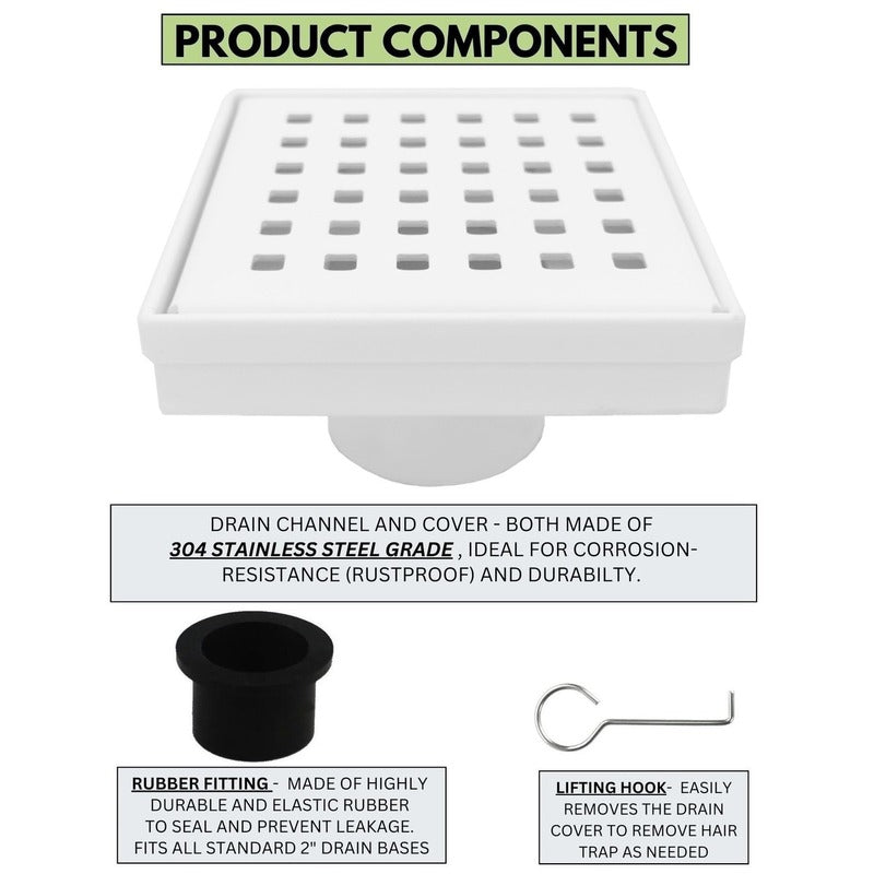SereneDrains Square Shower Drain Traditional Square 4 White