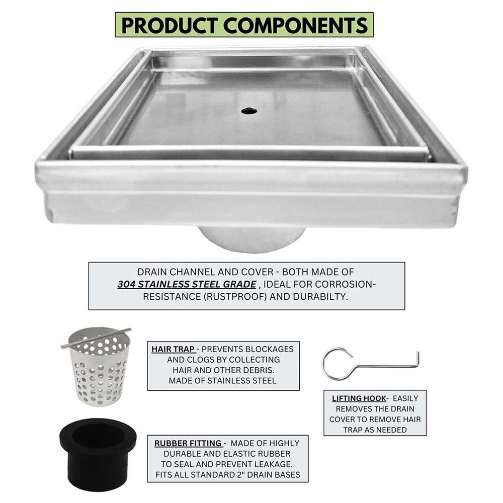 SereneDrains Square Shower Drain Tile Insert Brushed Stainless 4