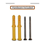 SereneDrains shelves hardware,  Two yellow plastic wall anchors and two Stainless Steel screws on a white background with 'Hardware Included' 