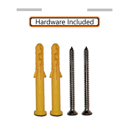 SereneDrains shelves hardware,  Two yellow plastic wall anchors and two Stainless Steel screws on a white background with 'Hardware Included' 