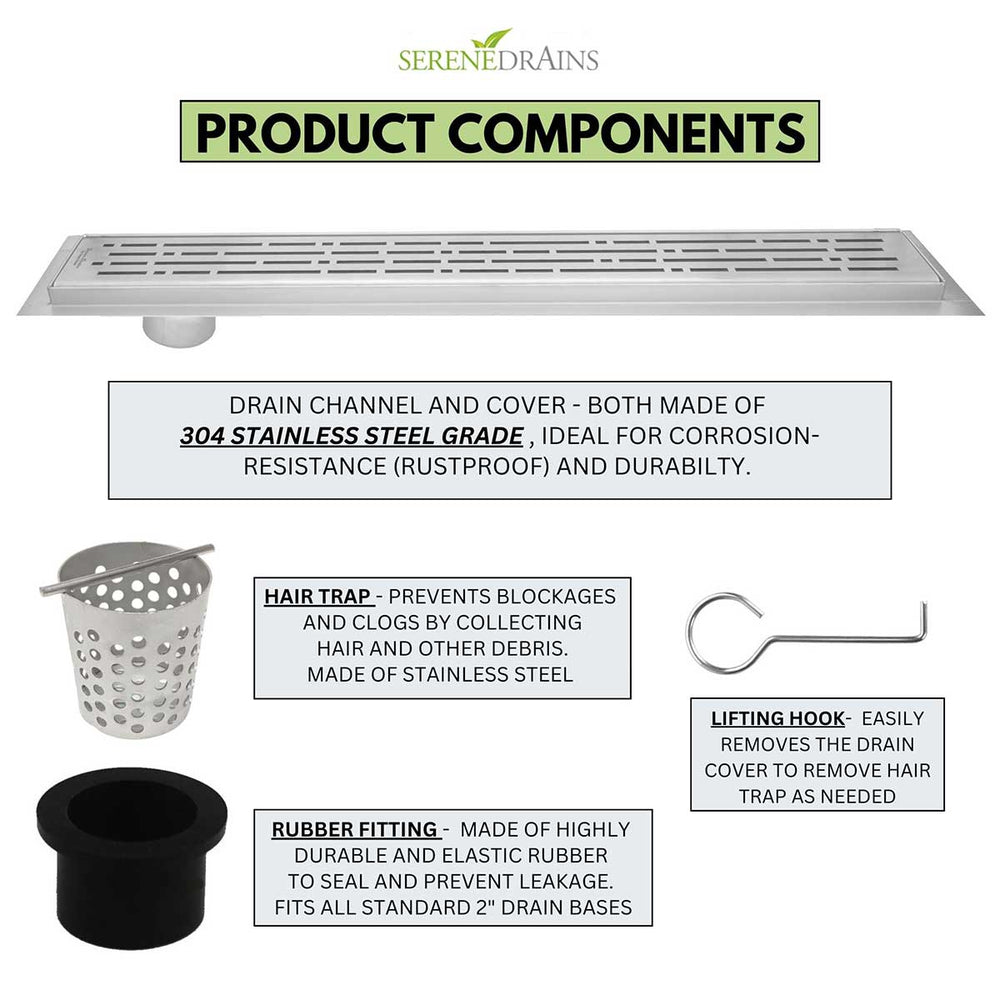 SereneDrains Linear Shower Drain Offset Outlet Broken Lane - Brushed 24