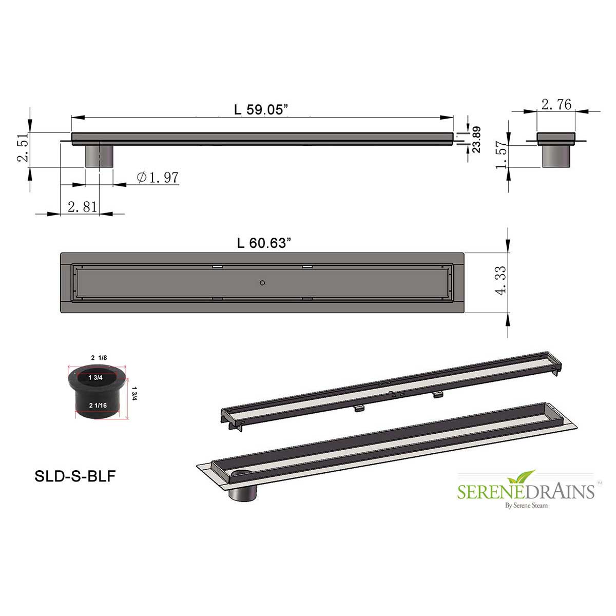 SereneDrains Linear Shower Drain Offset Outlet Broken Lane - Brushed 59