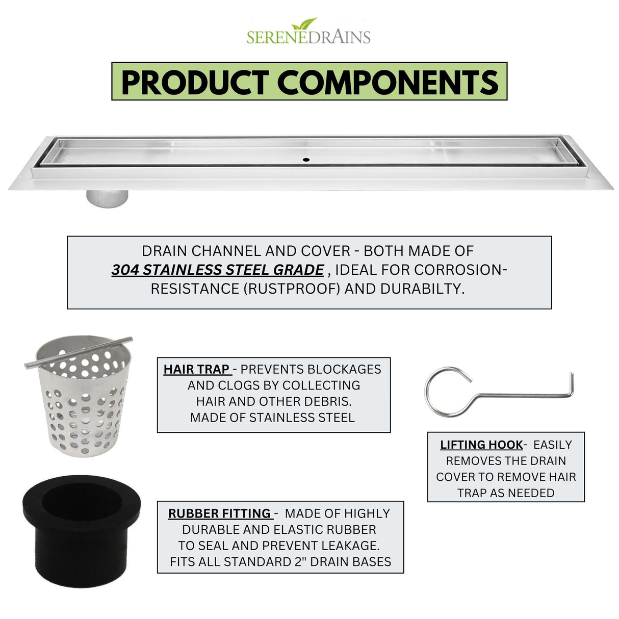 SereneDrains Linear Shower Drain Offset Outlet Tile Insert - Brushed 47