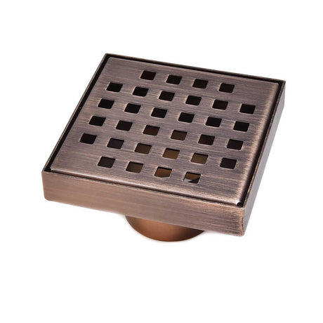 Bronze square drain cover with grid pattern on a white background