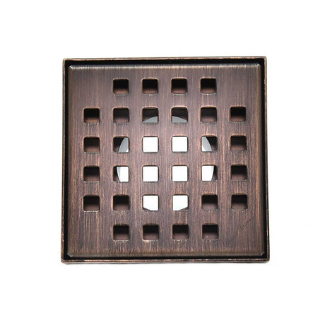 Bronze-colored square drain cover with grid pattern on a white background