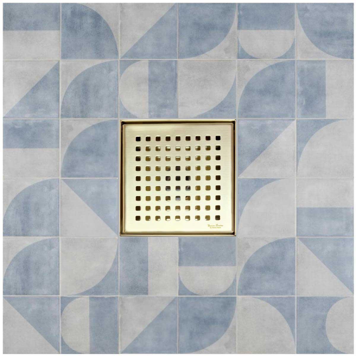 SereneDrains Square Shower Drain Kit with Base - Traditional Square - Matte Gold - 6 Inch