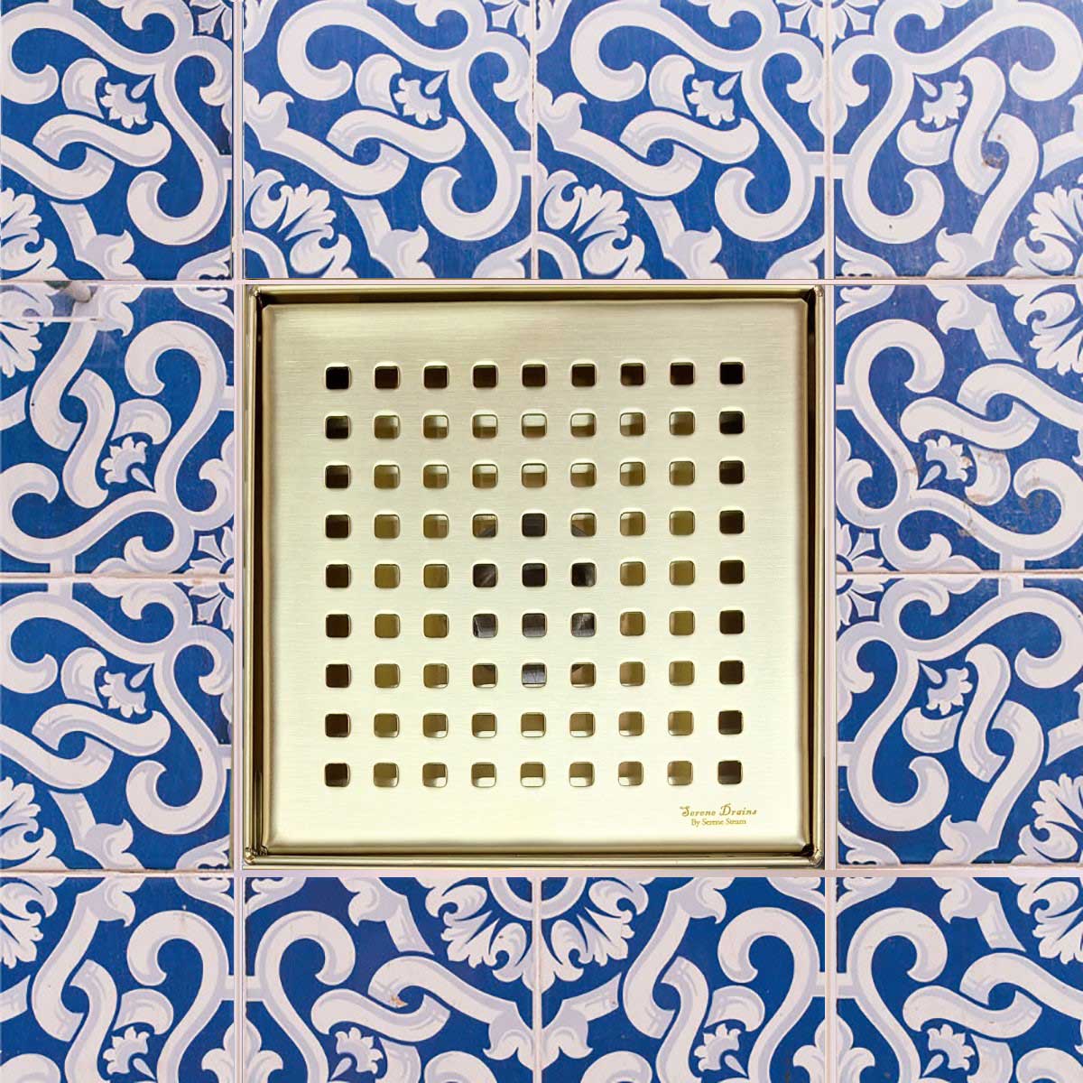 6 Inch Square Shower Drain Kit Base Satin Gold | Serene Drains