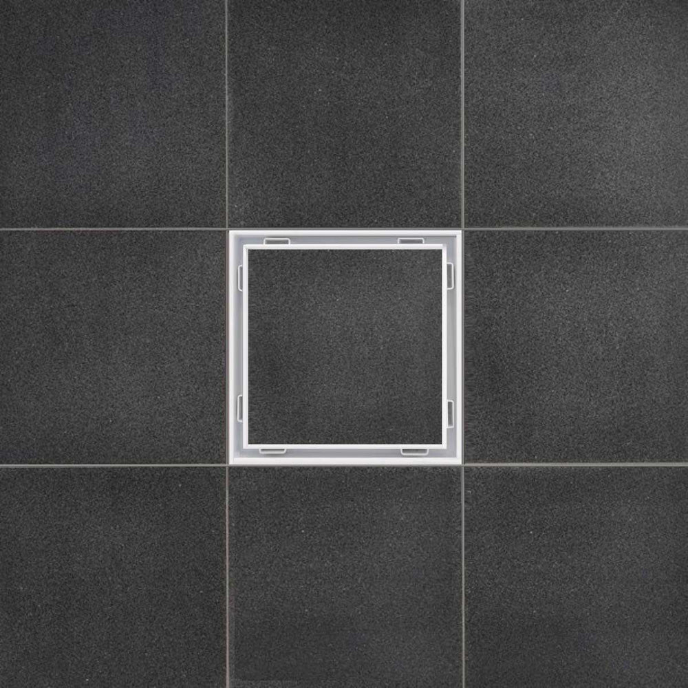 SereneDrains ABS Horizontal Side Discharge Outlet with Tile In Square Shower Drain Low Profile Assembly Reducer PVC Base Pipe Fitting P Trap