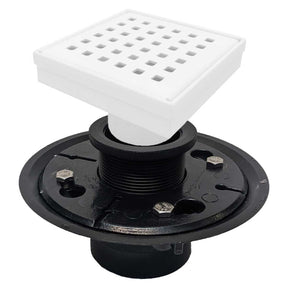 SereneDrains Square Shower Drain Kit with Base - Traditional Square - Matte White - 4 Inch ABS Plastic