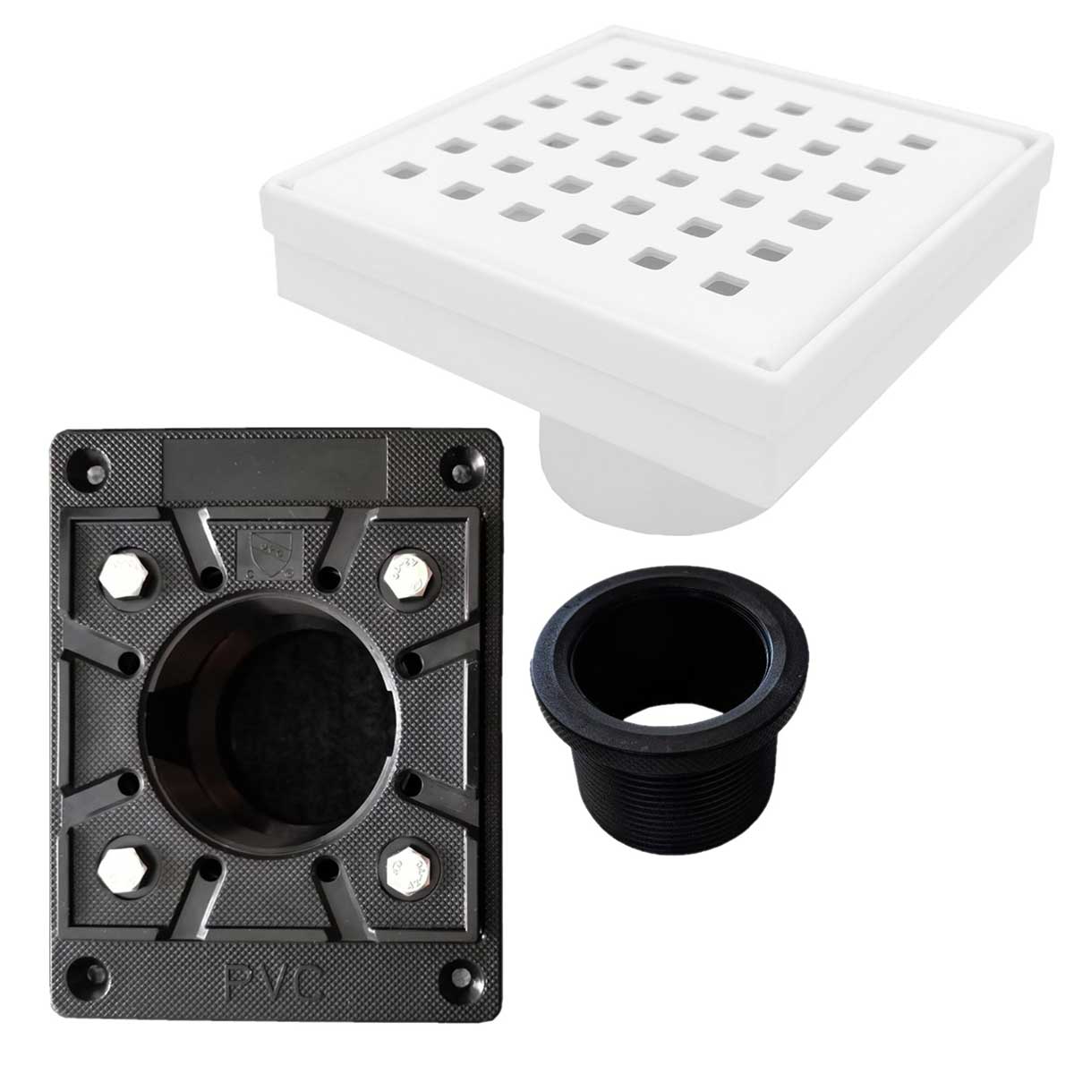 SereneDrains Square Shower Drain Kit with Base - Traditional Square - Matte White - 4 Inch