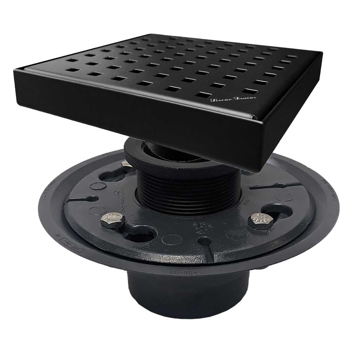 SereneDrains Square Shower Drain Kit with Base - Traditional Square - Matte Black - 6 Inch