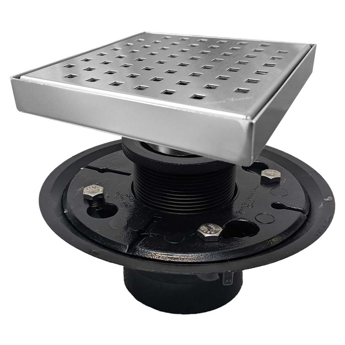 SereneDrains Square Shower Drain Kit with Base - Traditional Square - Polished Chrome - 4 Inch