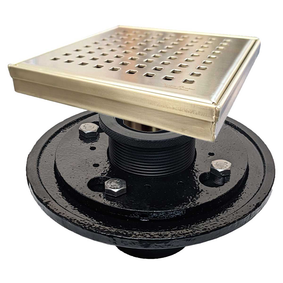 SereneDrains Square Shower Drain Kit with Base - Traditional Square - Matte Gold - 6 Inch
