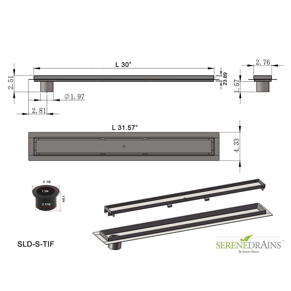 SereneDrains Linear Shower Drain Offset Outlet Tile Insert - Brushed 30