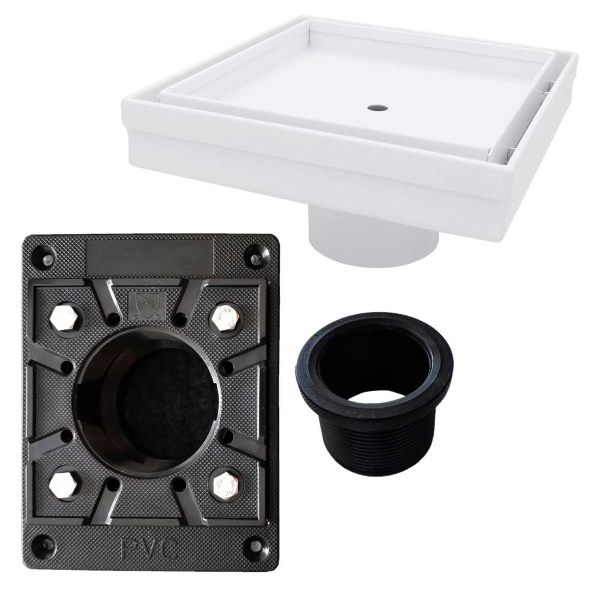SereneDrains Square Shower Drain Kit with Base - Tile Insert - Matte White - 5 Inch Square PVC Plastic