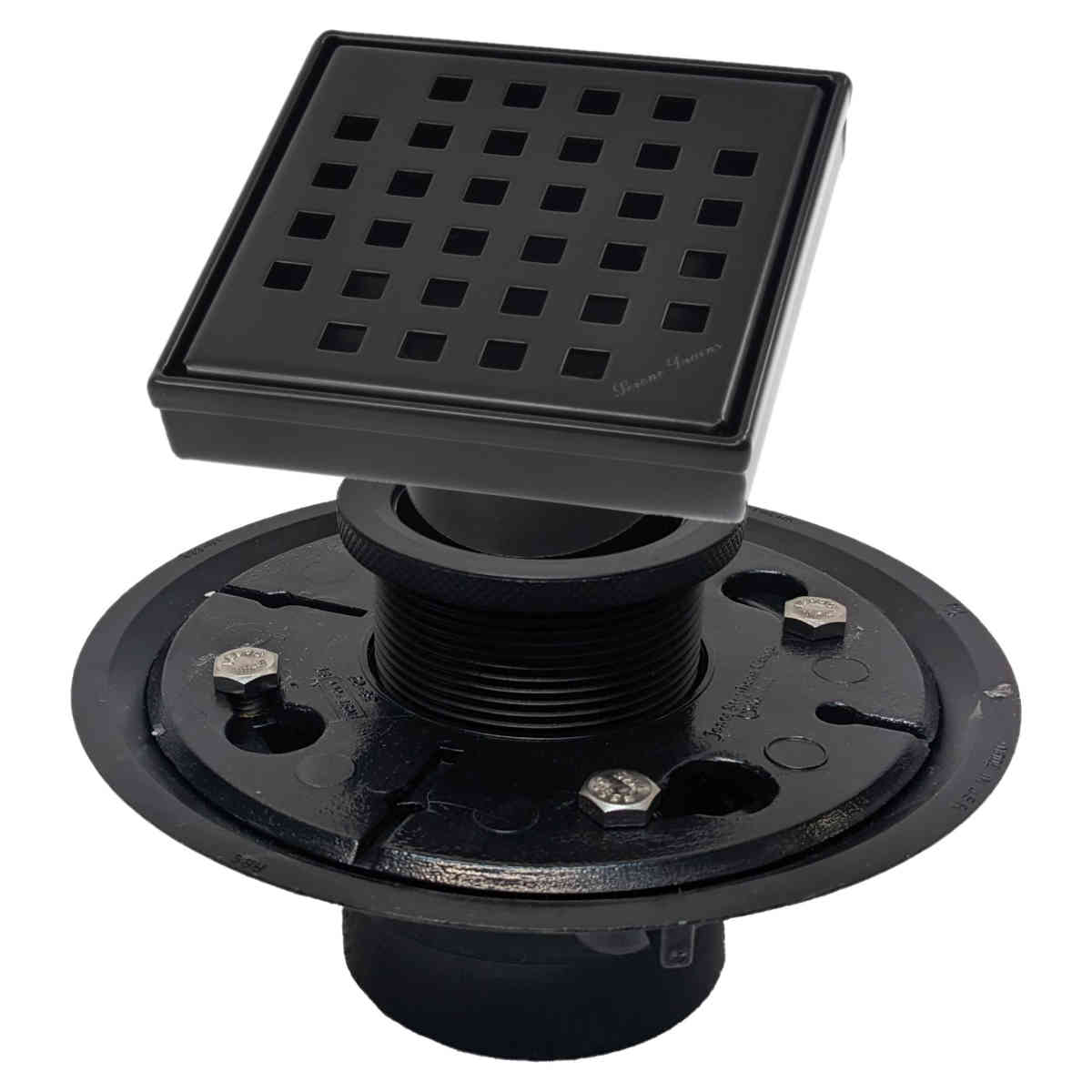 SereneDrains Square Shower Drain Kit with Base - Traditional Square - Matte Black - 4 Inch ABS Plastic