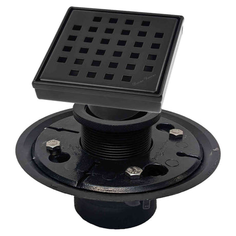 SereneDrains Square Shower Drain Kit with Base - Traditional Square - Matte Black - 4 Inch ABS Plastic