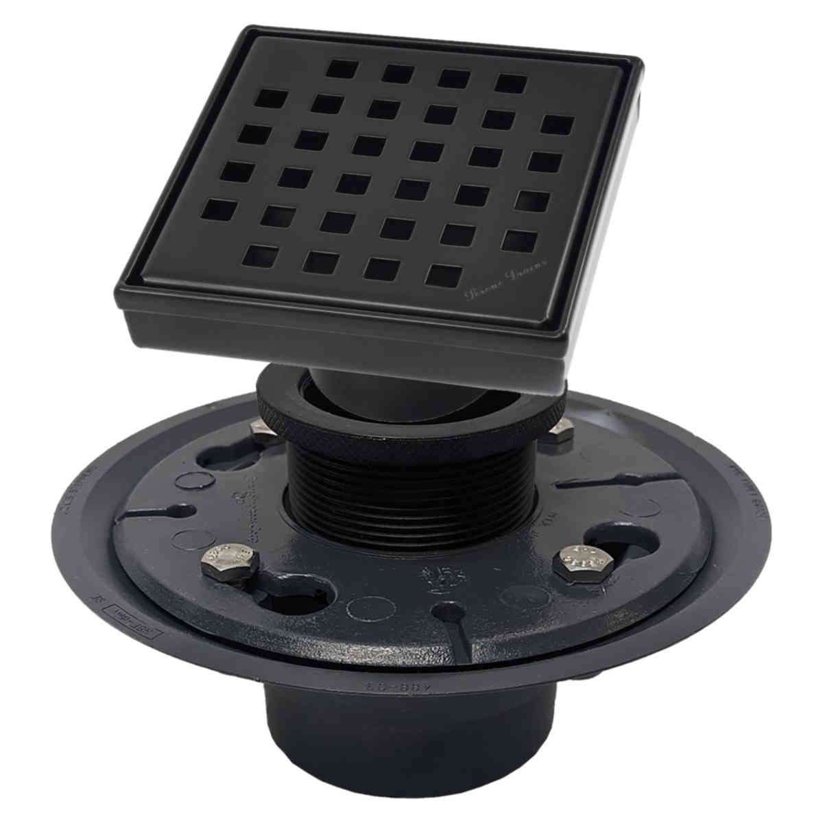 SereneDrains Square Shower Drain Kit with Base - Traditional Square - Matte Black - 4 Inch PVC Plastic