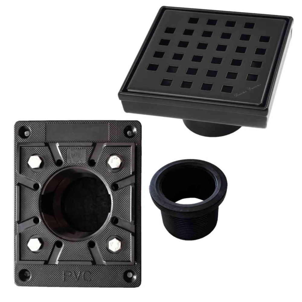 SereneDrains Square Shower Drain Kit with Base - Traditional Square - Matte Black - 4 Inch Square PVC Plastic