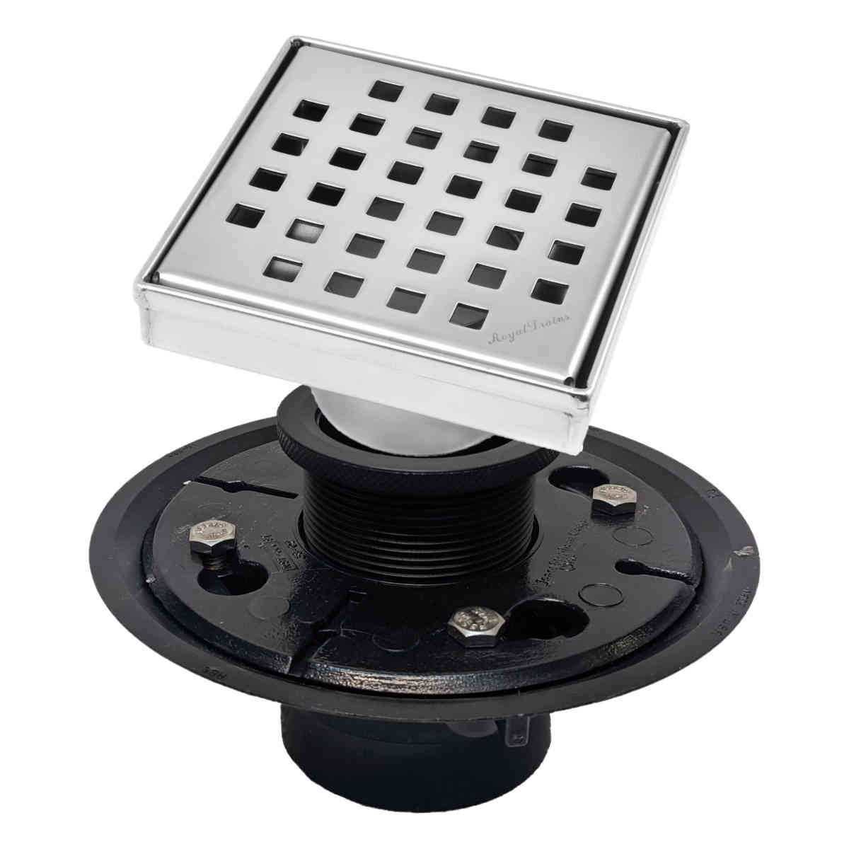 SereneDrains Square Shower Drain Kit with Base - Traditional Square - Polished Chrome - 4 Inch ABS Plastic