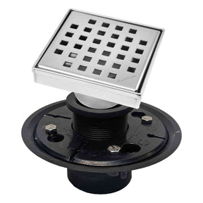 SereneDrains Square Shower Drain Kit with Base - Traditional Square - Polished Chrome - 4 Inch ABS Plastic