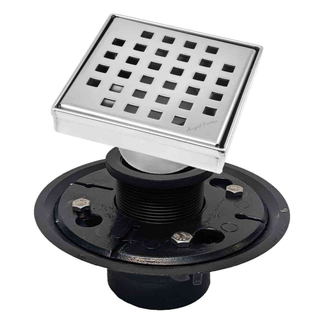 SereneDrains Square Shower Drain Kit with Base - Traditional Square - Polished Chrome - 4 Inch ABS Plastic