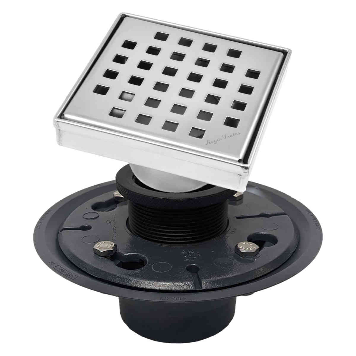 SereneDrains Square Shower Drain Kit with Base - Traditional Square - Polished Chrome - 4 Inch PVC Plastic