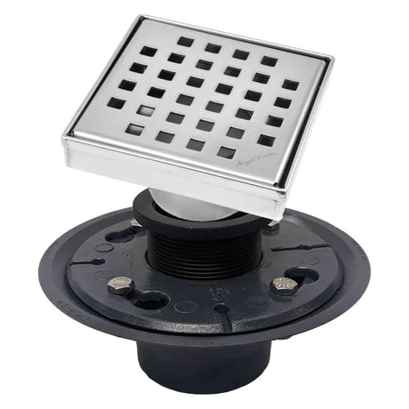 SereneDrains Square Shower Drain Kit with Base - Traditional Square - Polished Chrome - 4 Inch PVC Plastic