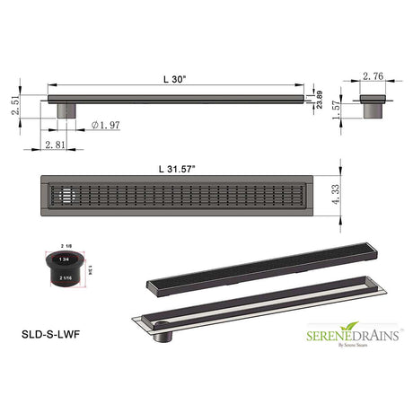 SereneDrains Linear Shower Drain Offset Outlet Linear Wedge - 30