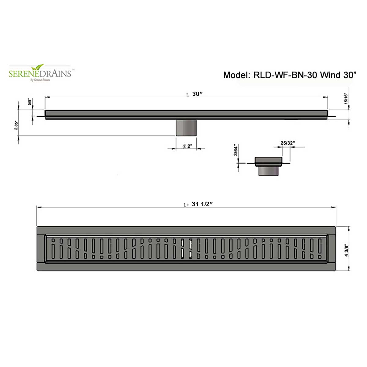 SereneDrains Linear Shower Drain Wind - Brushed Stainless 30