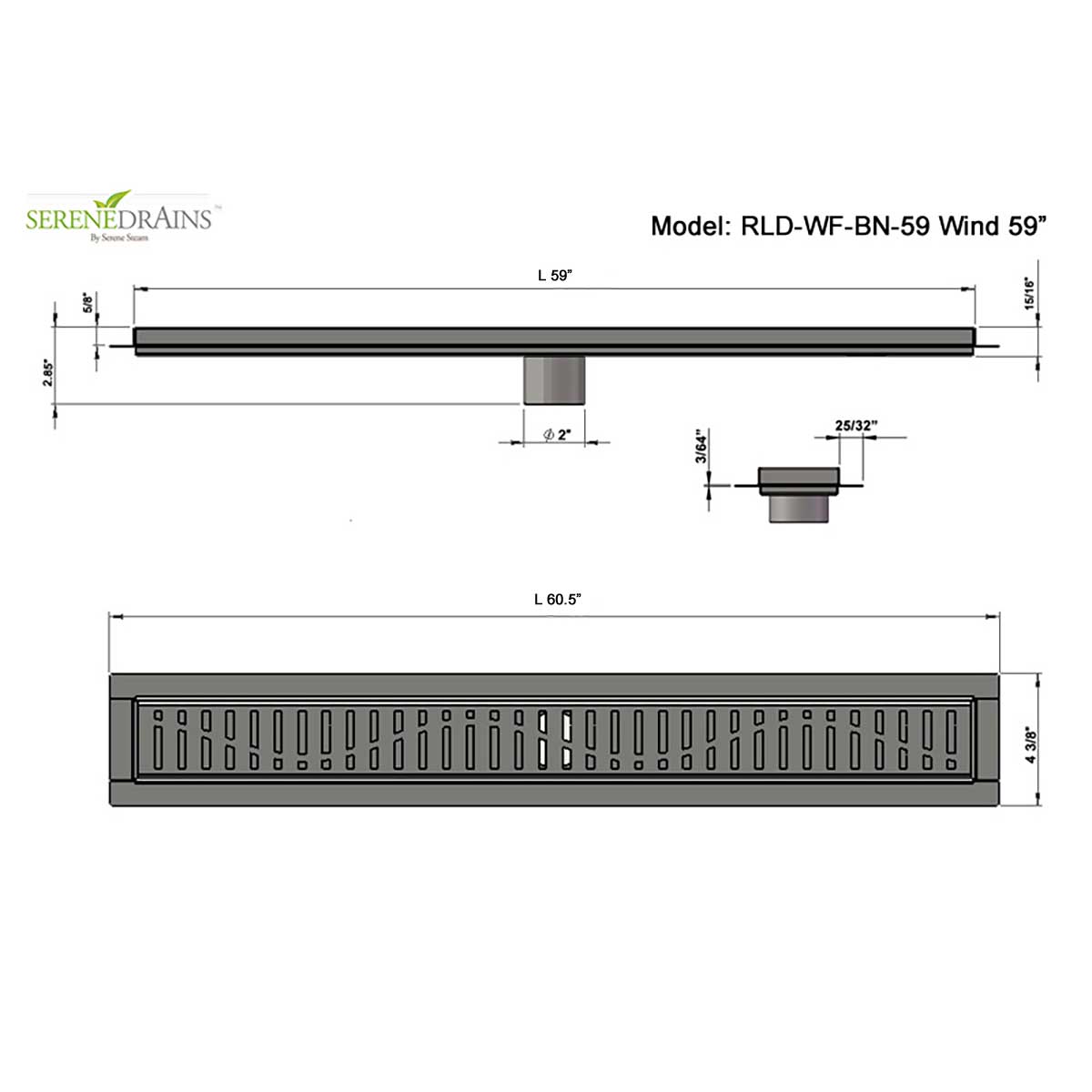SereneDrains Linear Shower Drain Wind - Brushed Stainless 59