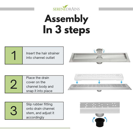 Step-by-step assembly guide for Serene Drains with visual illustrations and text.