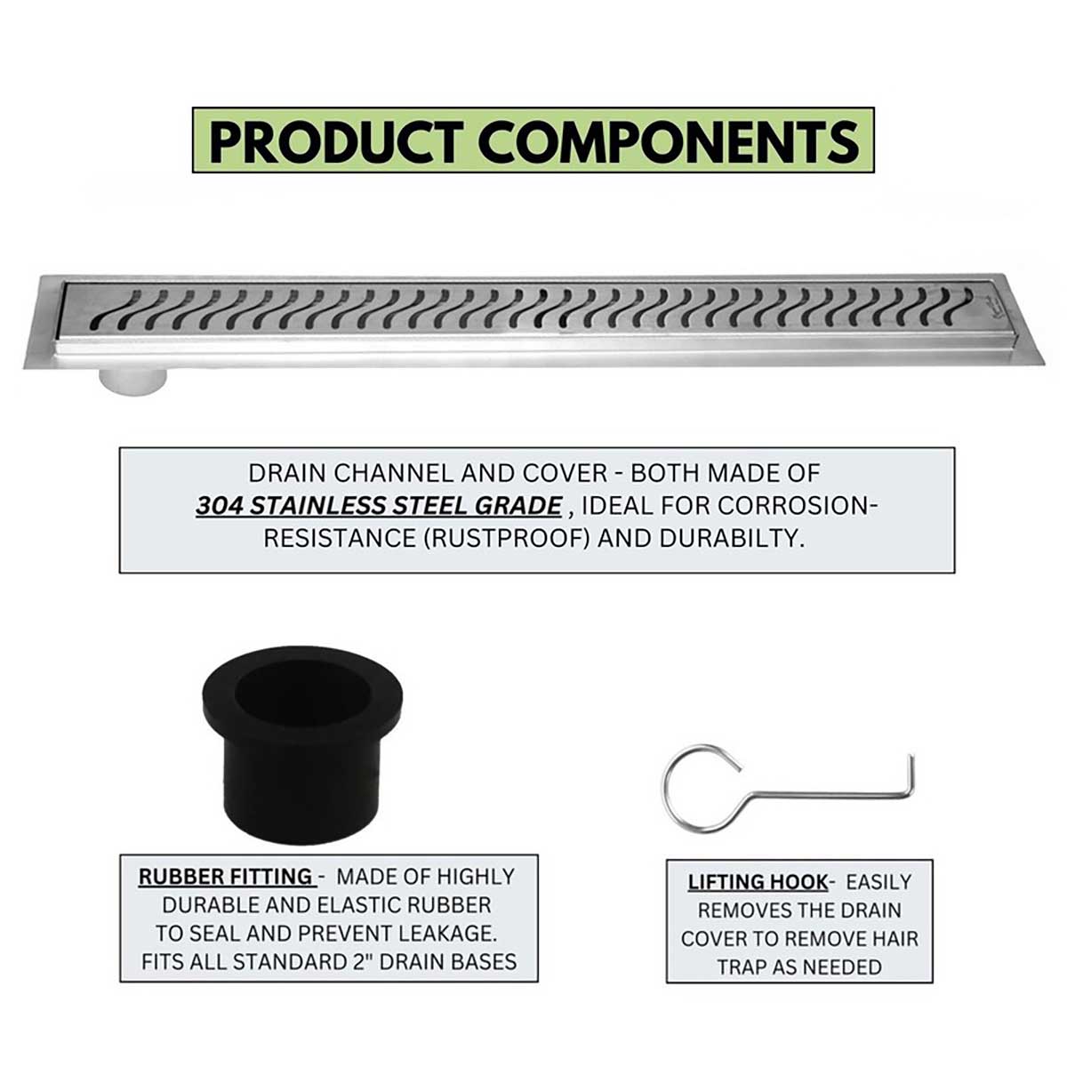 SereneDrains Linear Shower Drain Offset Outlet Ocean Wave - Brushed 59