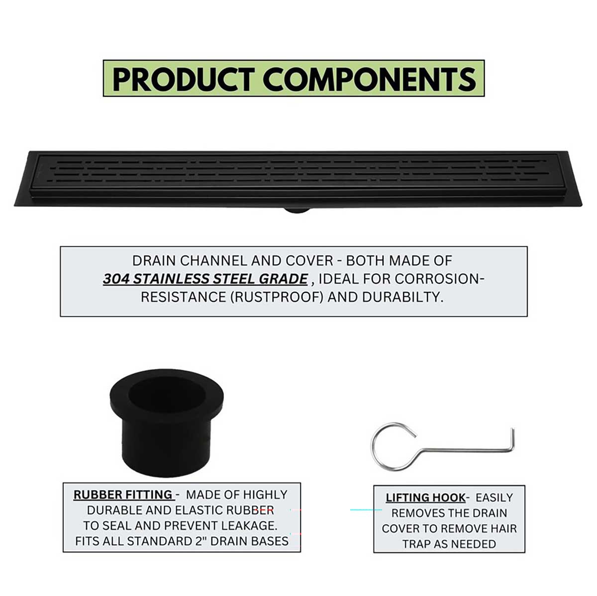 Product components of a drain system with text on a white background