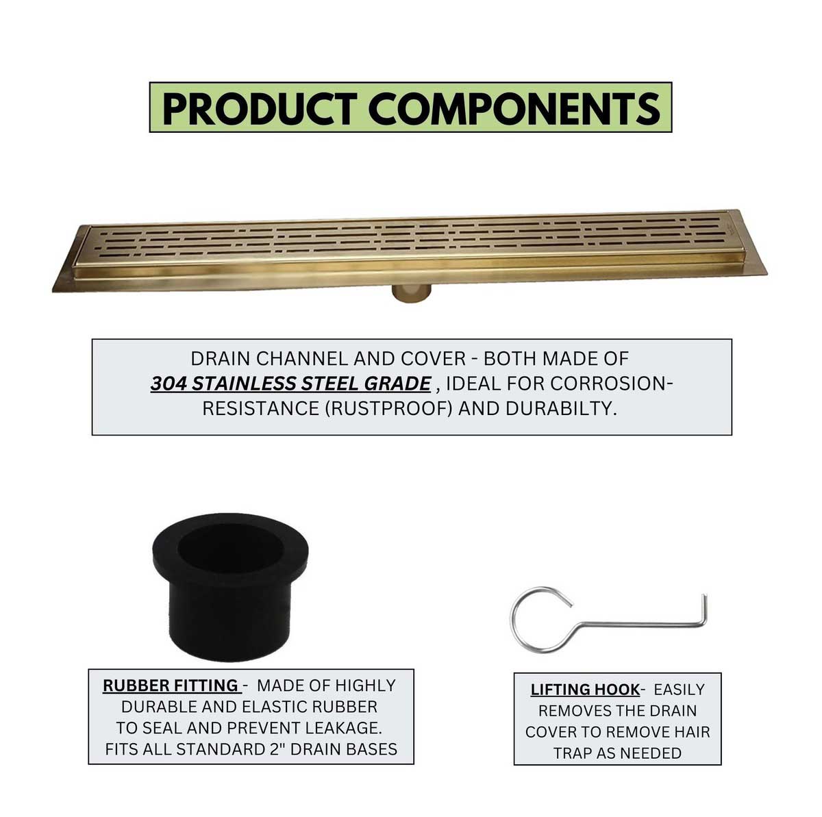 Product components of a drain system with text on material and features.