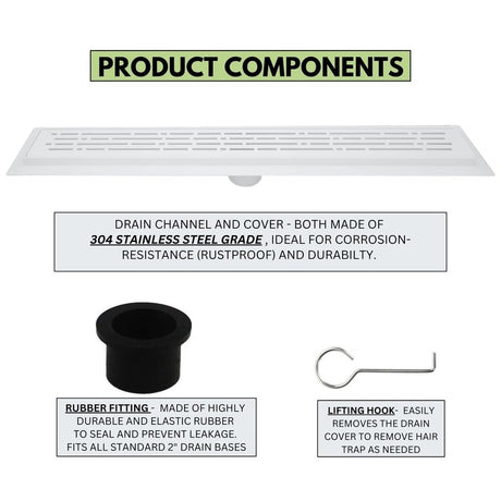 Product components of a drain system with text on stainless steel grade, rubber fitting, and lifting hook.