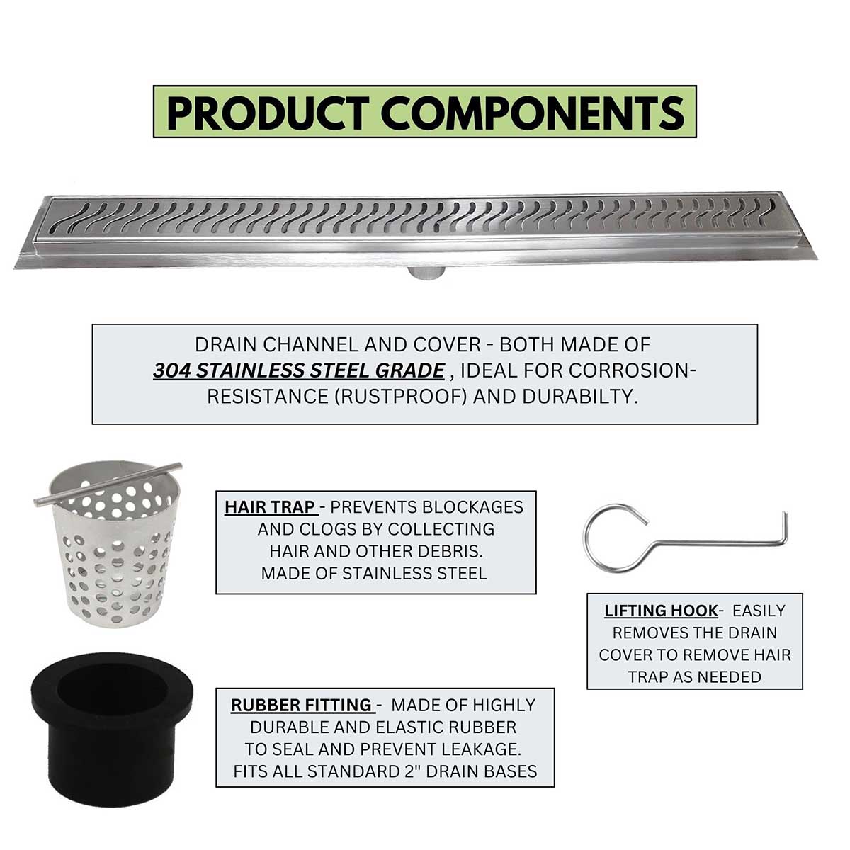 SereneDrains Linear Shower Drain Ocean Wave - Brushed 16
