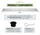 Serenedrains product components including drain channel, cover, rubber fitting, and lifting hook on a white background.