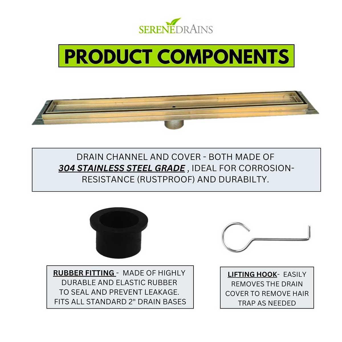 SereneDrains Linear Shower Drain Tile Insert Satin Gold 24